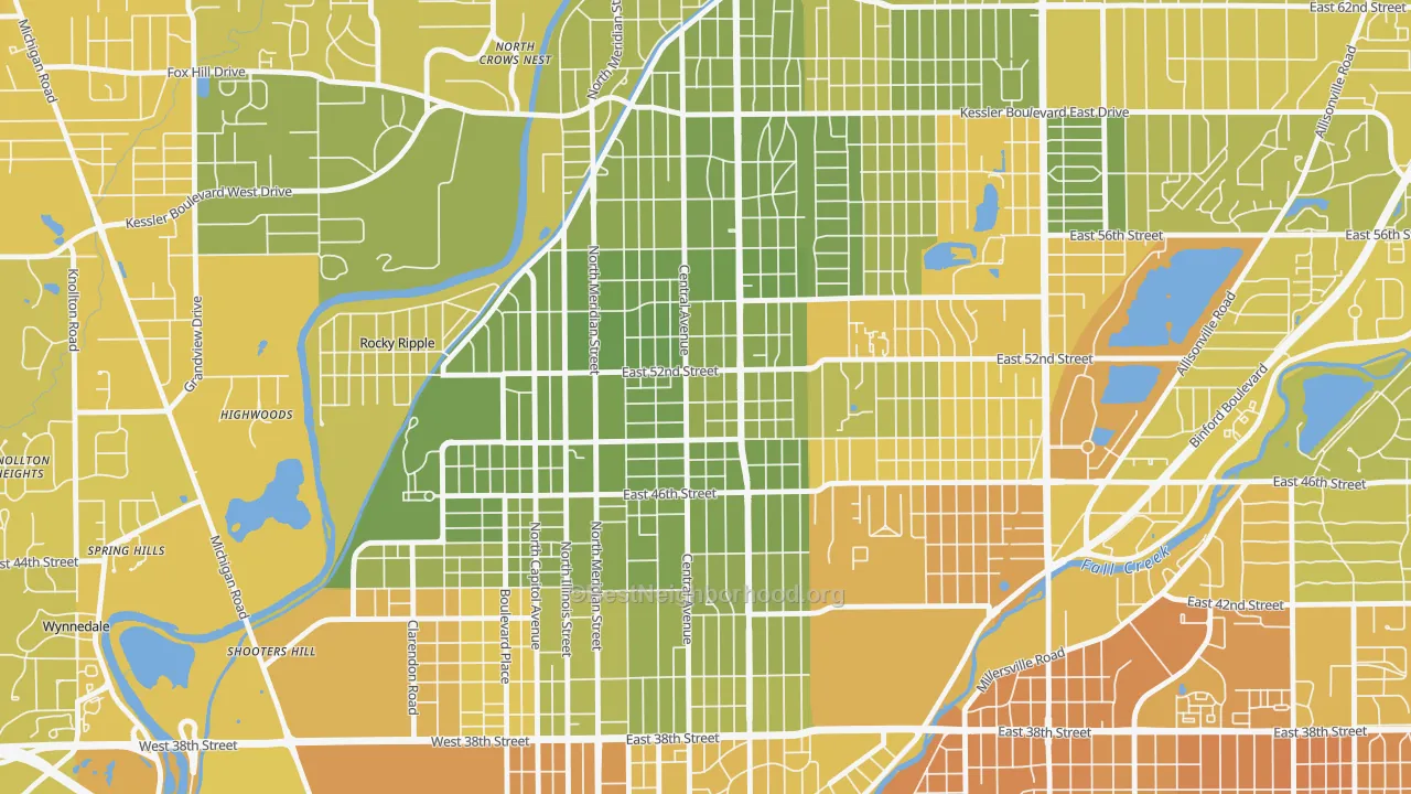 Map of the best neighborhoods in the Meridian-Kessler, Indianapolis area, with better matches in green and worse matches in red