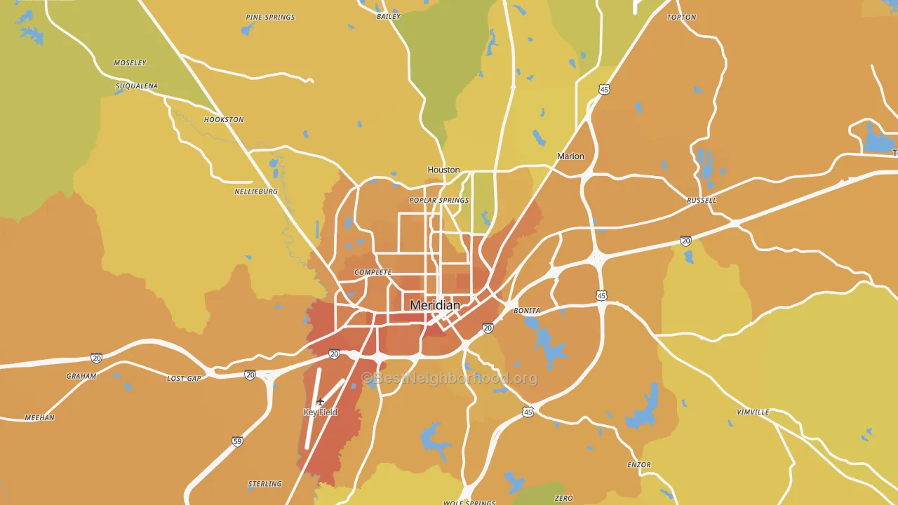 Map of the best neighborhoods in the Meridian area, with better matches in green and worse matches in red