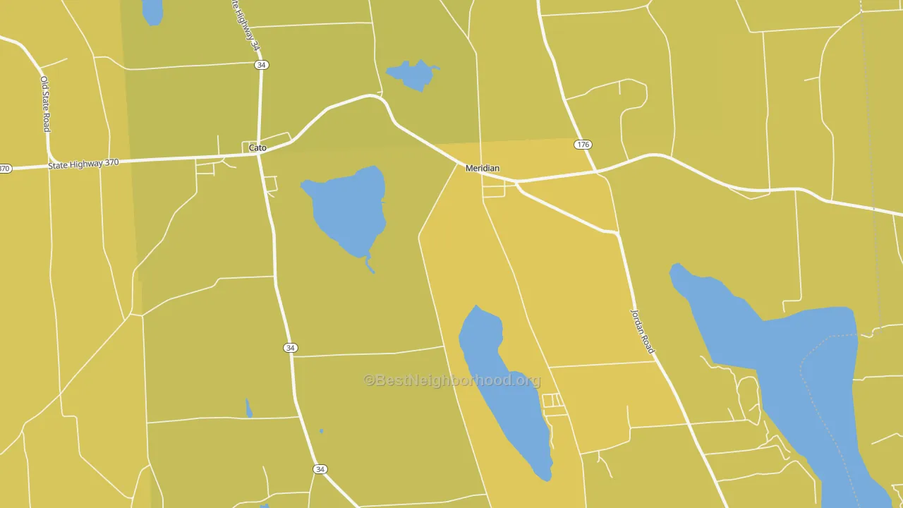 Map of the best neighborhoods in the Meridian area, with better matches in green and worse matches in red