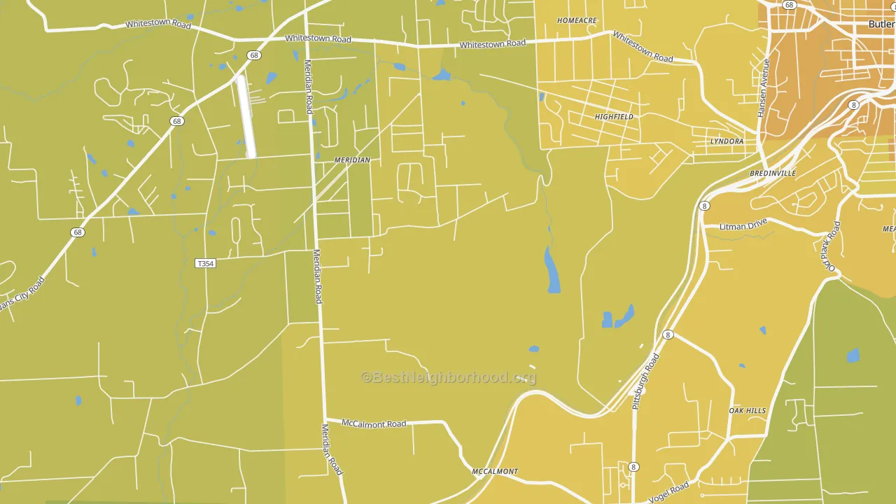 Map of the best neighborhoods in the Meridian area, with better matches in green and worse matches in red
