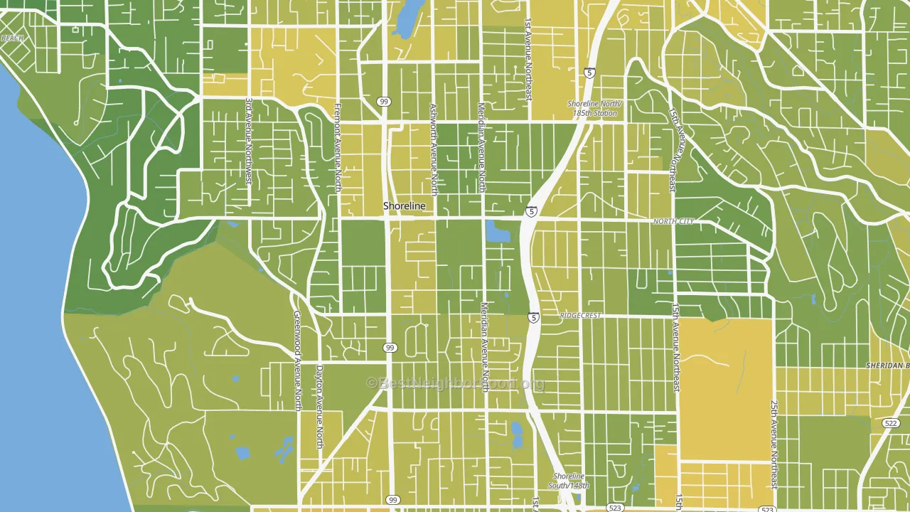 Map of the best neighborhoods in the Meridian Park, Shoreline area, with better matches in green and worse matches in red