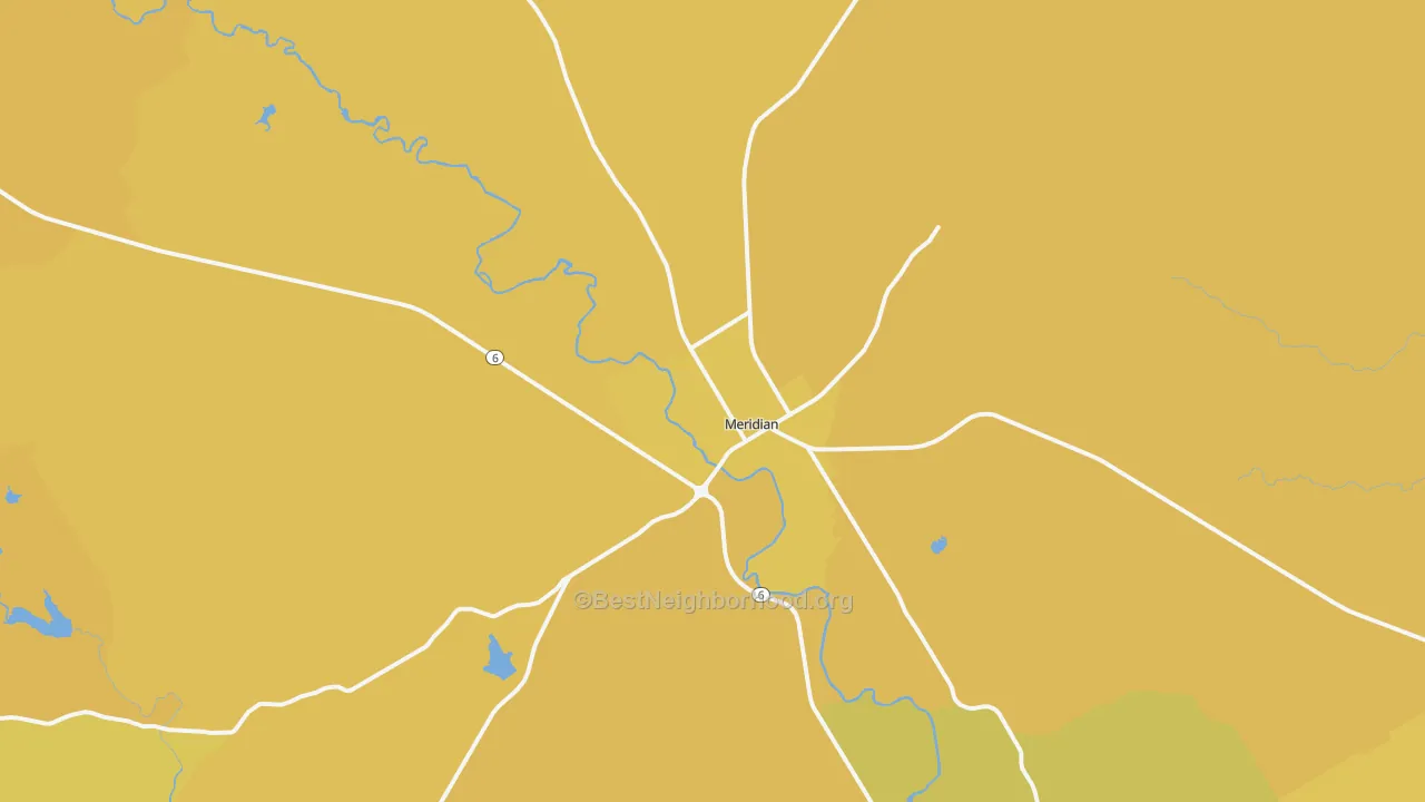 Map of the best neighborhoods in the Meridian area, with better matches in green and worse matches in red