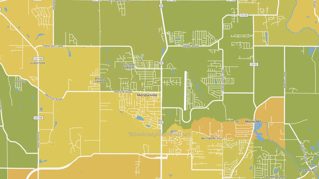 Map of the best neighborhoods in the Meridianville area, with better matches in green and worse matches in red
