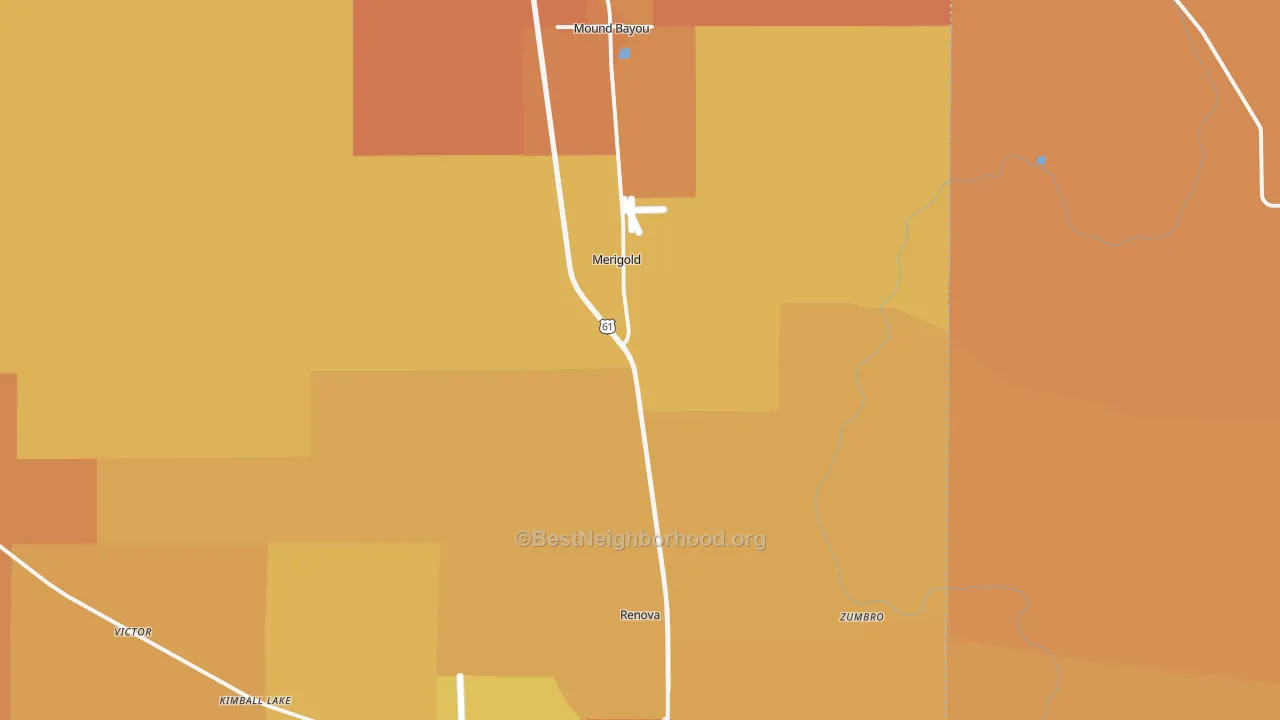 Map of the best neighborhoods in the Merigold area, with better matches in green and worse matches in red