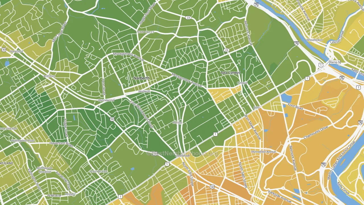 Map of the best neighborhoods in the Merion Station area, with better matches in green and worse matches in red