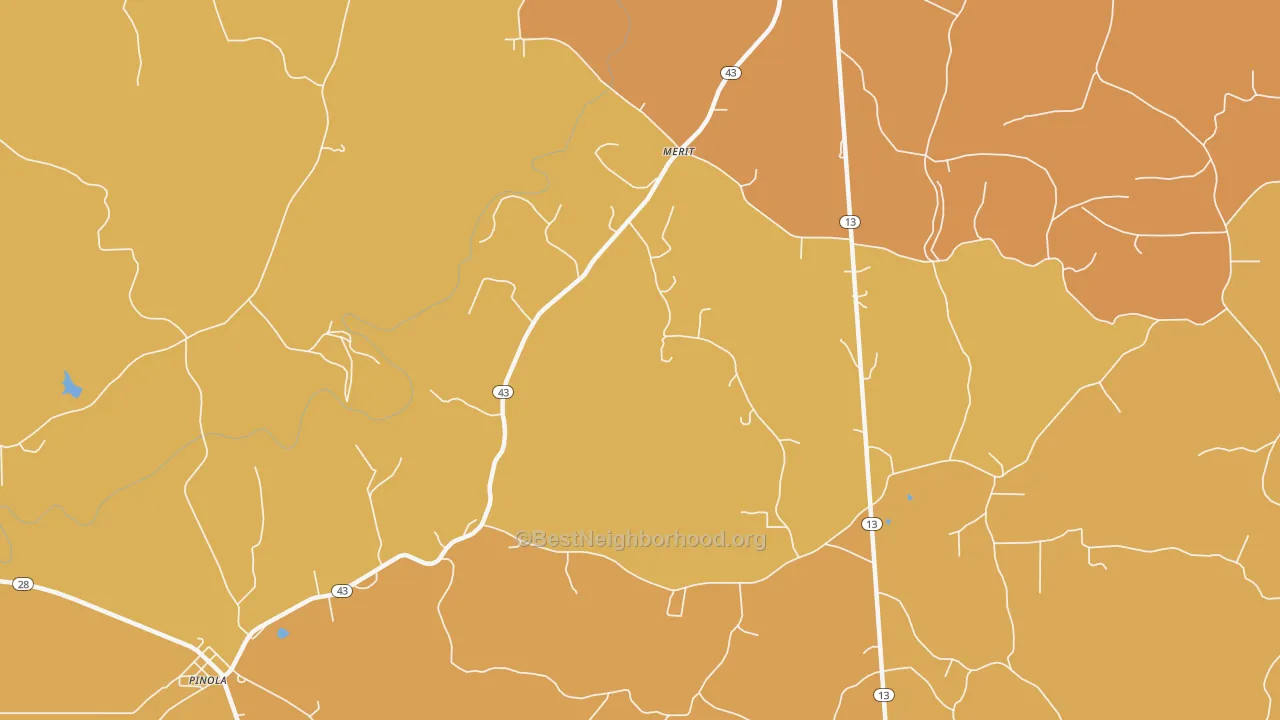 Map of the best neighborhoods in the Merit area, with better matches in green and worse matches in red