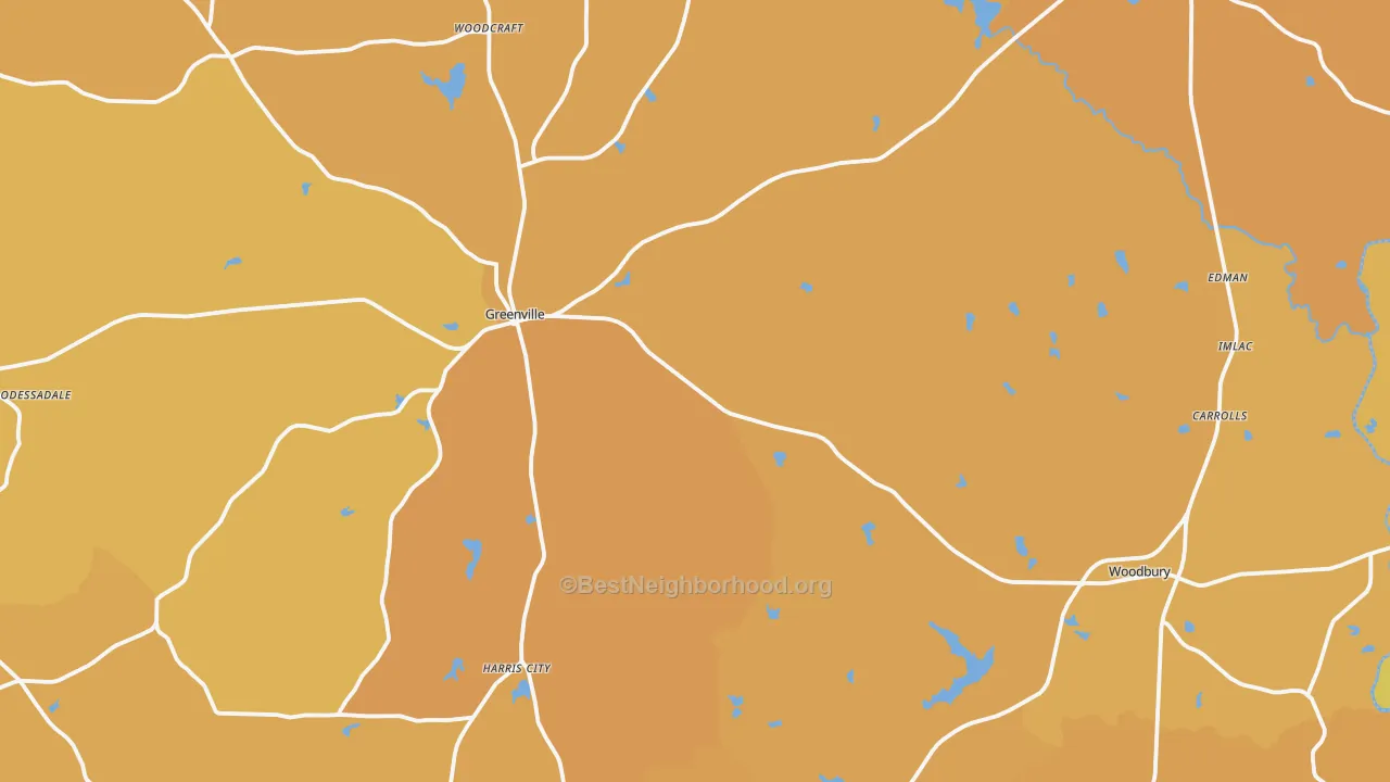 Map of the best neighborhoods in the Meriwether County area, with better matches in green and worse matches in red