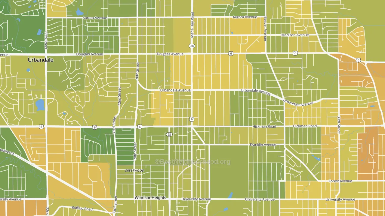Map of the best neighborhoods in the Merle Hay, Des Moines area, with better matches in green and worse matches in red