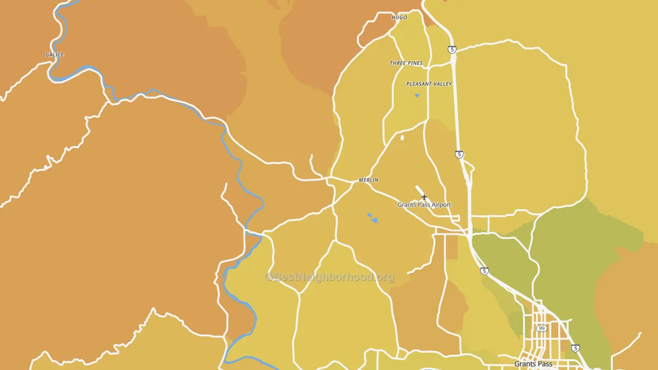 Map of the best neighborhoods in the Merlin area, with better matches in green and worse matches in red