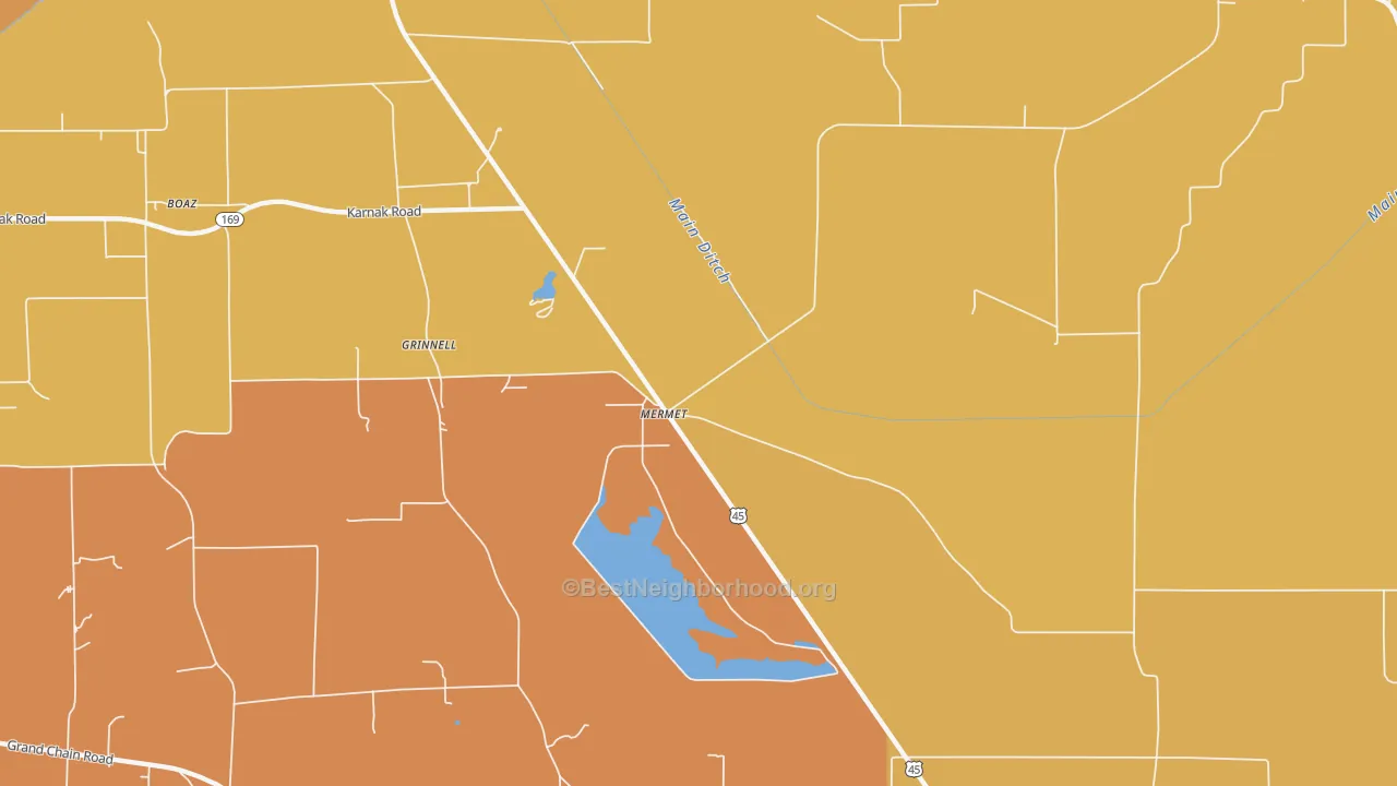 Map of the best neighborhoods in the Mermet area, with better matches in green and worse matches in red