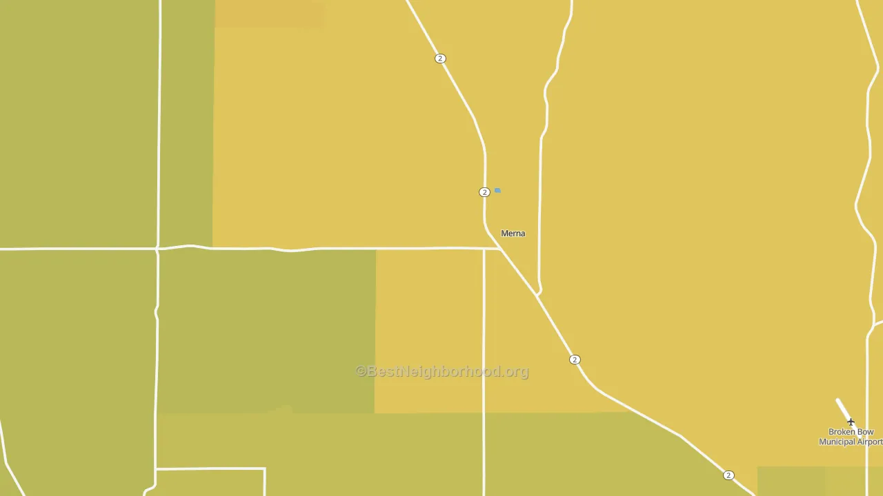 Map of the best neighborhoods in the Merna area, with better matches in green and worse matches in red