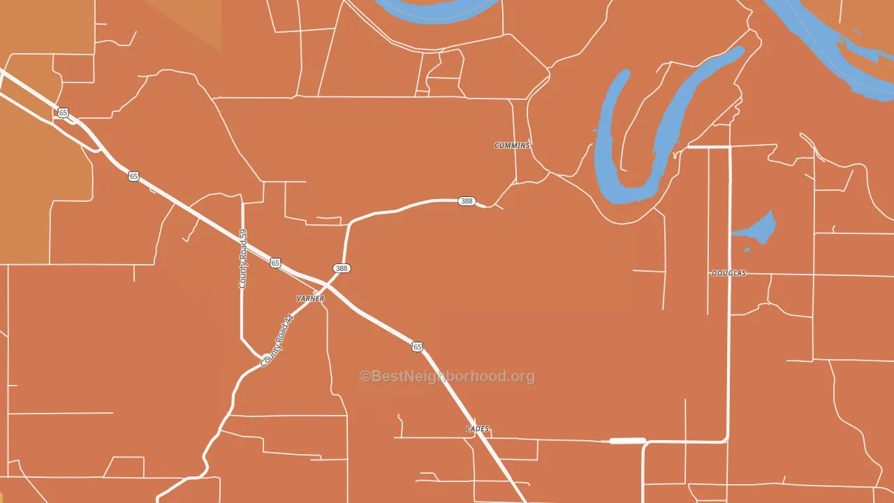 Map of the best neighborhoods in the Meroney area, with better matches in green and worse matches in red