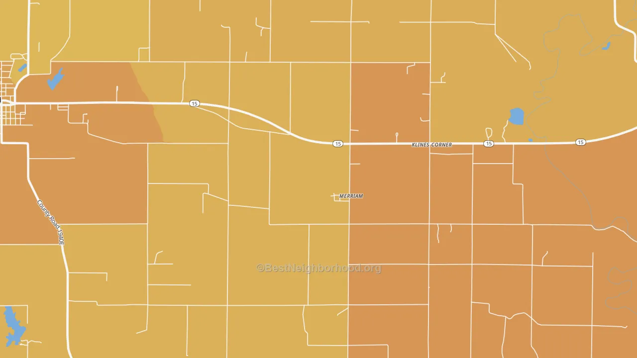 Map of the best neighborhoods in the Merriam area, with better matches in green and worse matches in red