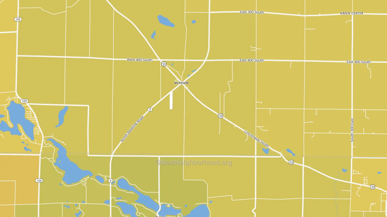 Map of the best neighborhoods in the Merriam area, with better matches in green and worse matches in red