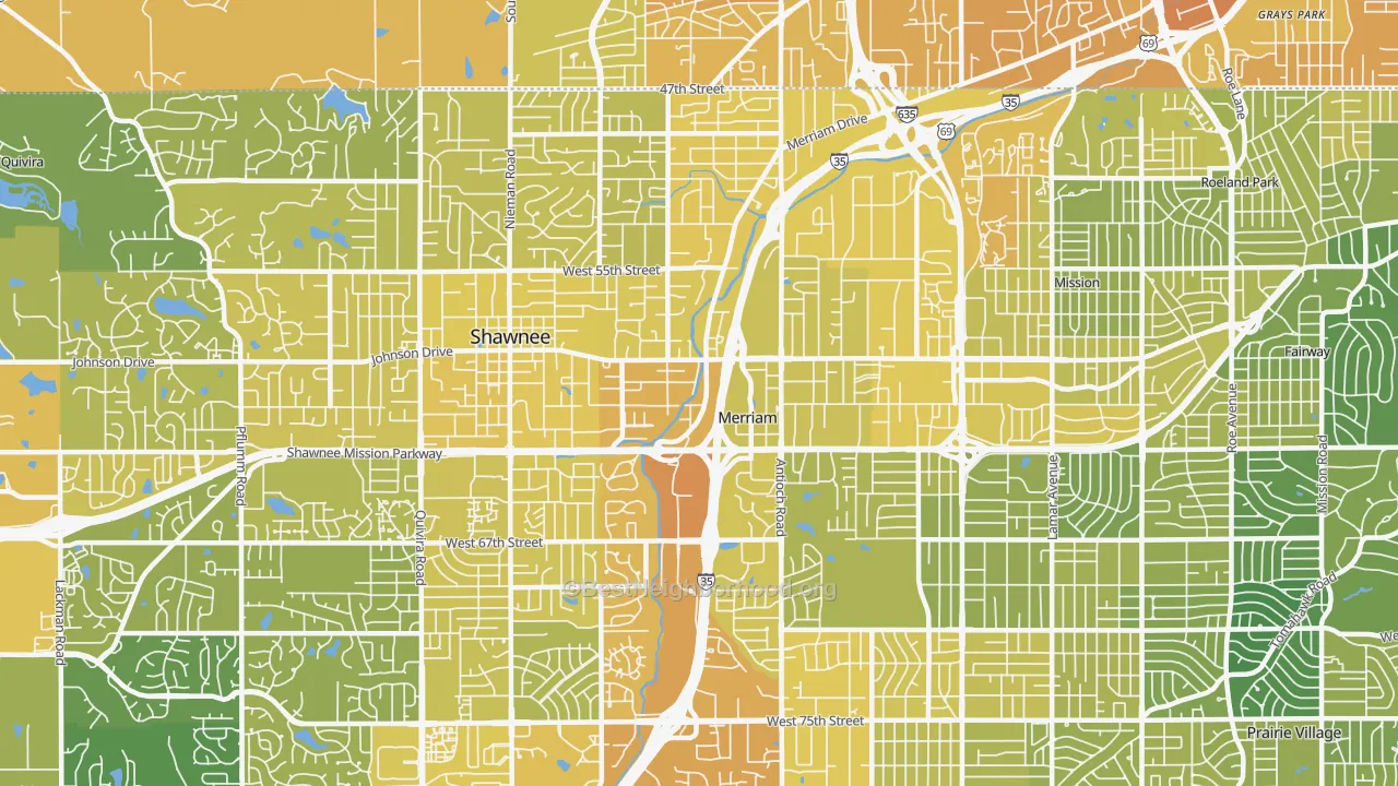 Map of the best neighborhoods in the Merriam area, with better matches in green and worse matches in red