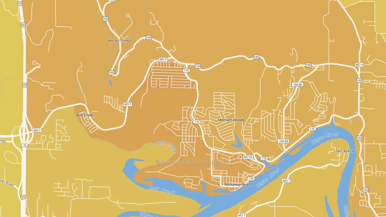 Map of the best neighborhoods in the Merriam Woods area, with better matches in green and worse matches in red