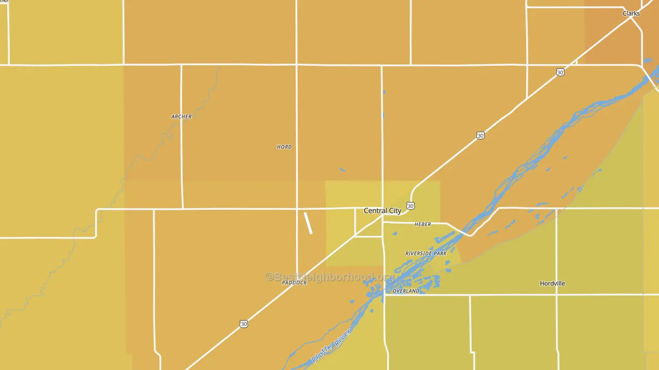Map of the best neighborhoods in the Merrick County area, with better matches in green and worse matches in red
