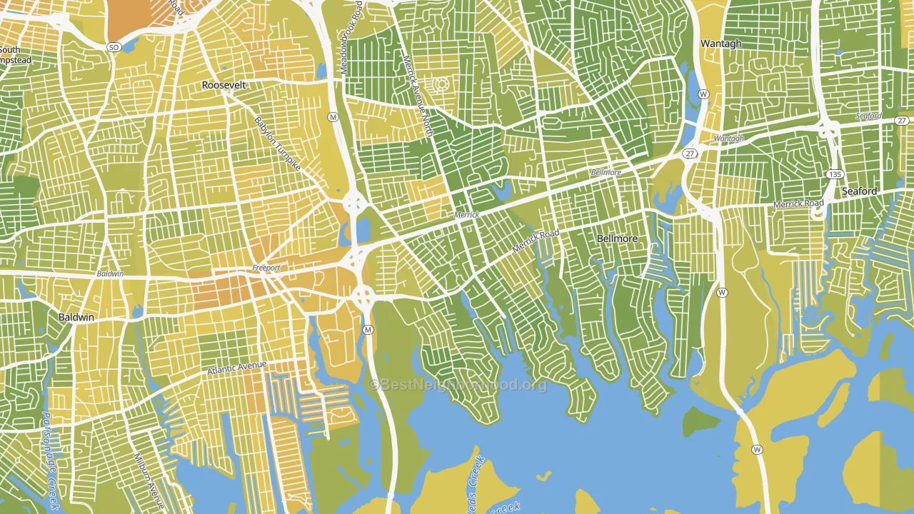 Map of the best neighborhoods in the Merrick area, with better matches in green and worse matches in red