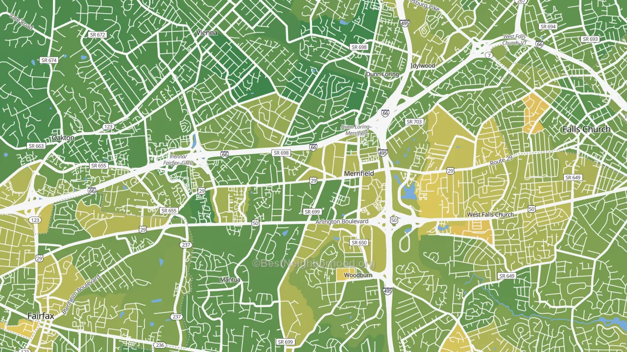 Map of the best neighborhoods in the Merrifield, Fairfax area, with better matches in green and worse matches in red
