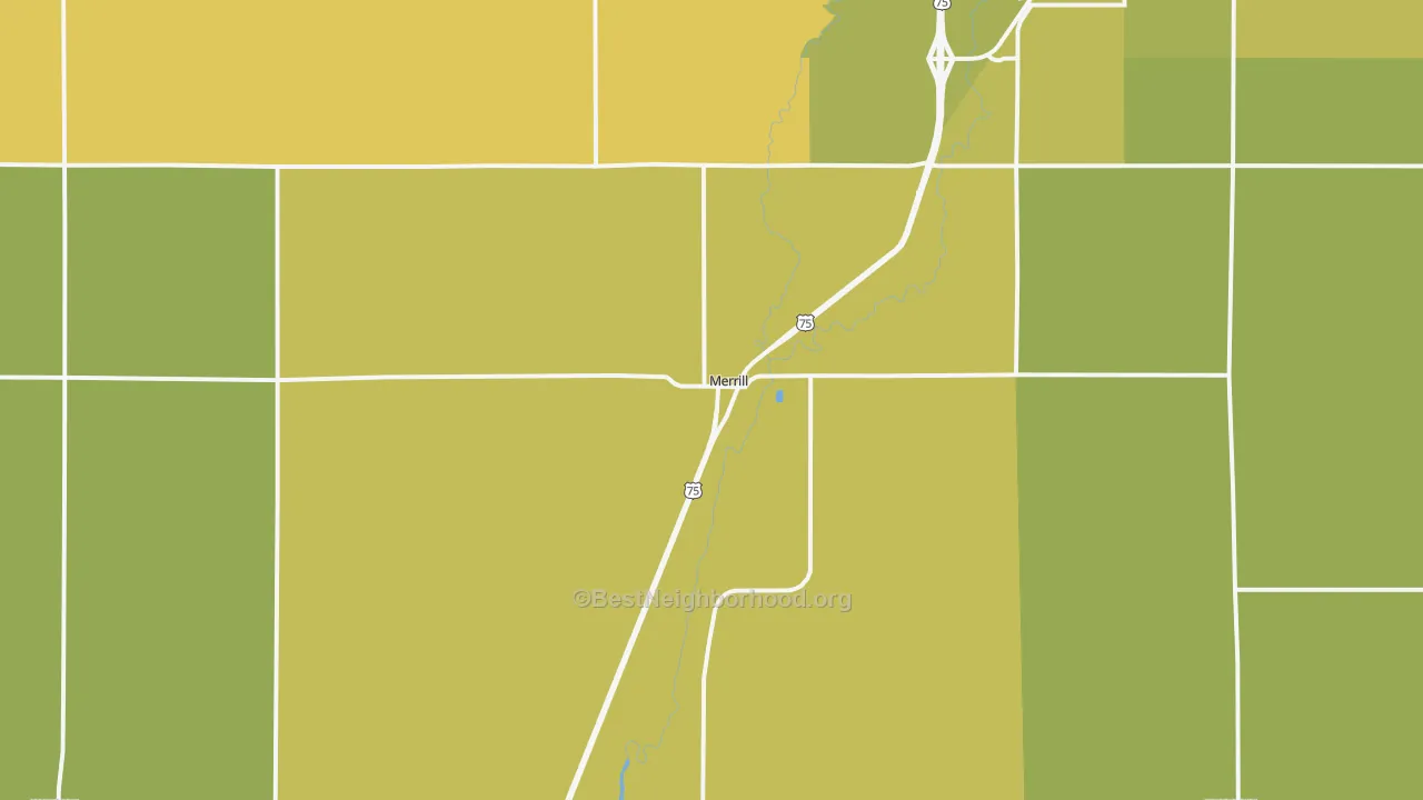 Map of the best neighborhoods in the Merrill area, with better matches in green and worse matches in red