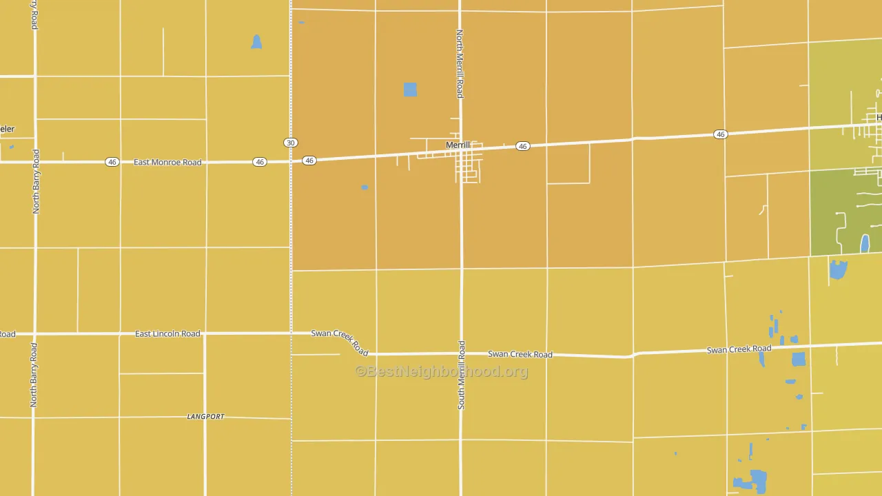 Map of the best neighborhoods in the Merrill area, with better matches in green and worse matches in red