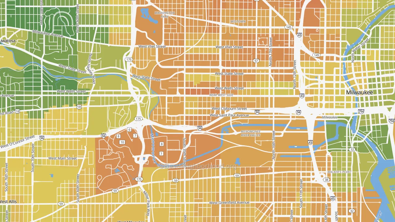 Map of the best neighborhoods in the Merrill Park, Milwaukee area, with better matches in green and worse matches in red