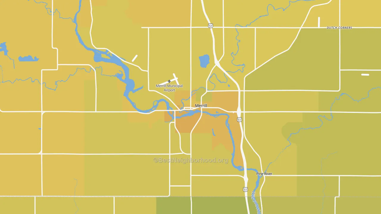 Map of the best neighborhoods in the Merrill area, with better matches in green and worse matches in red