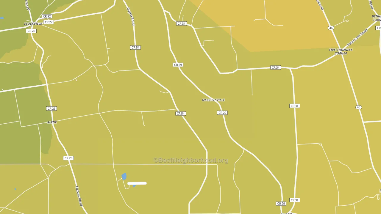 Map of the best neighborhoods in the Merrillsville area, with better matches in green and worse matches in red