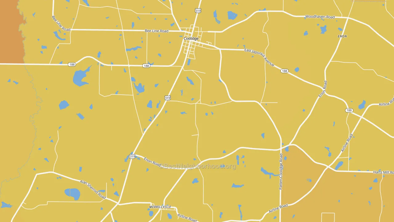 Map of the best neighborhoods in the Merrillville area, with better matches in green and worse matches in red