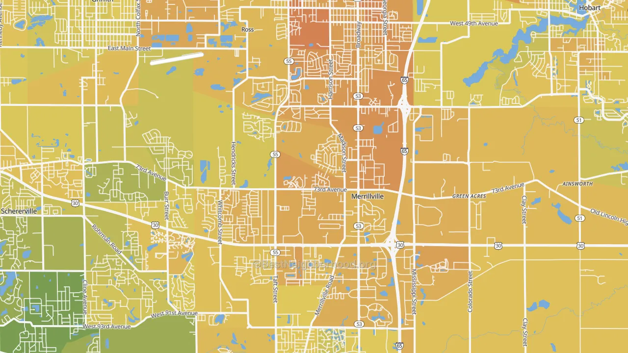 Map of the best neighborhoods in the Merrillville area, with better matches in green and worse matches in red