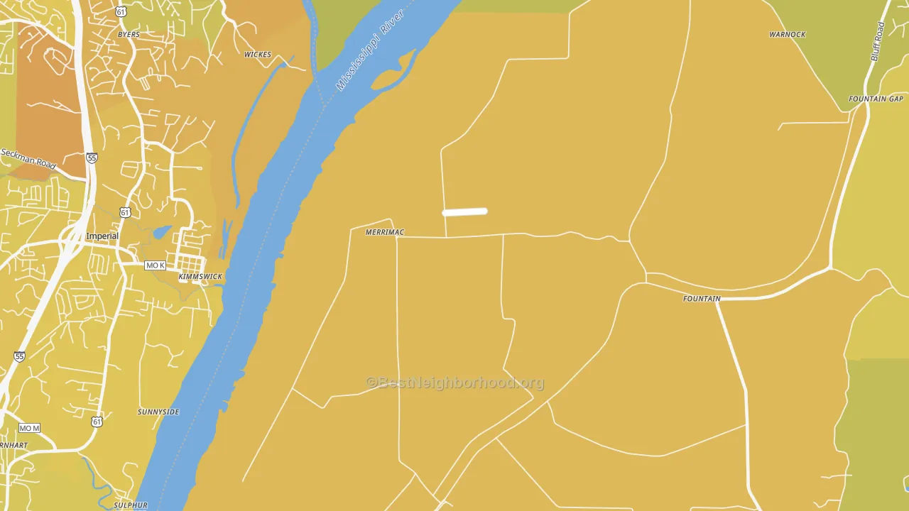 Map of the best neighborhoods in the Merrimac area, with better matches in green and worse matches in red