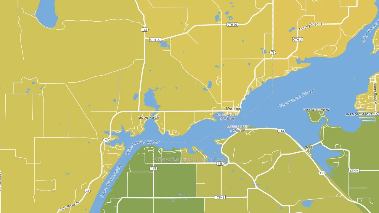 Map of the best neighborhoods in the Merrimac area, with better matches in green and worse matches in red