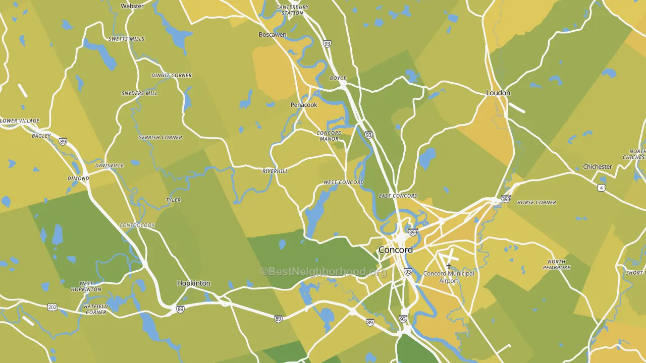 Map of the best neighborhoods in the Merrimack County area, with better matches in green and worse matches in red