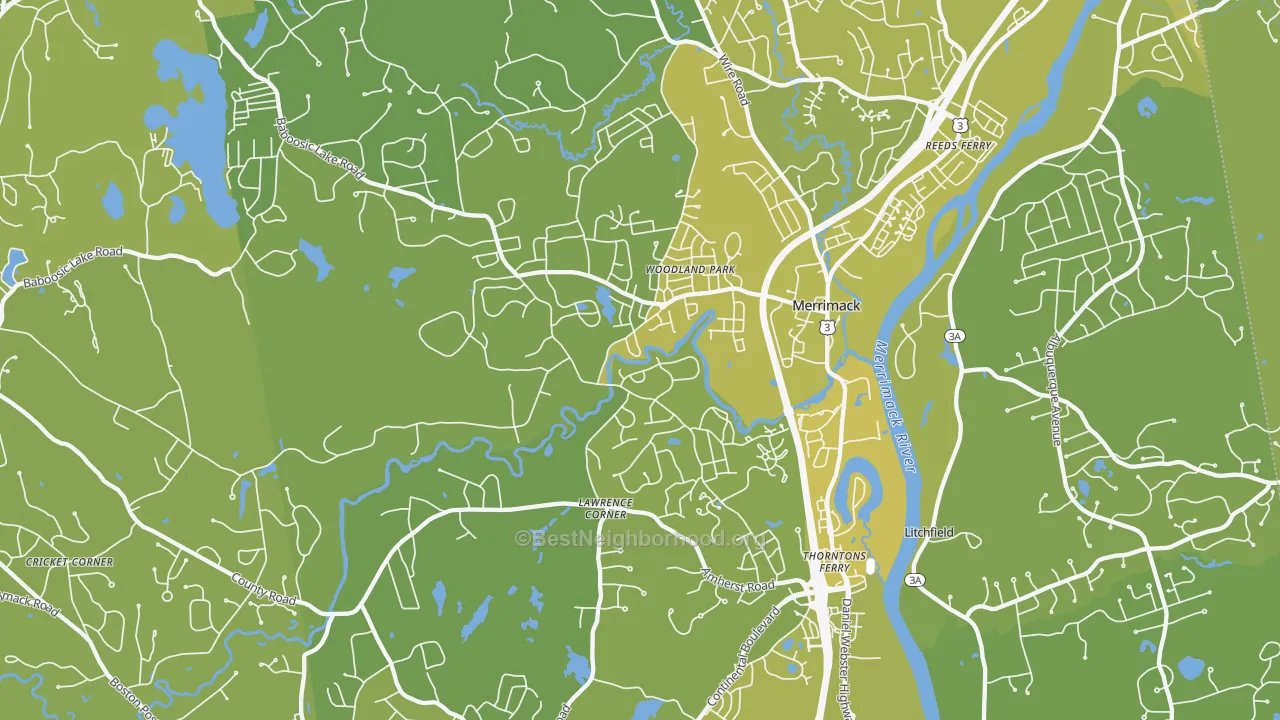 Map of the best neighborhoods in the Merrimack area, with better matches in green and worse matches in red