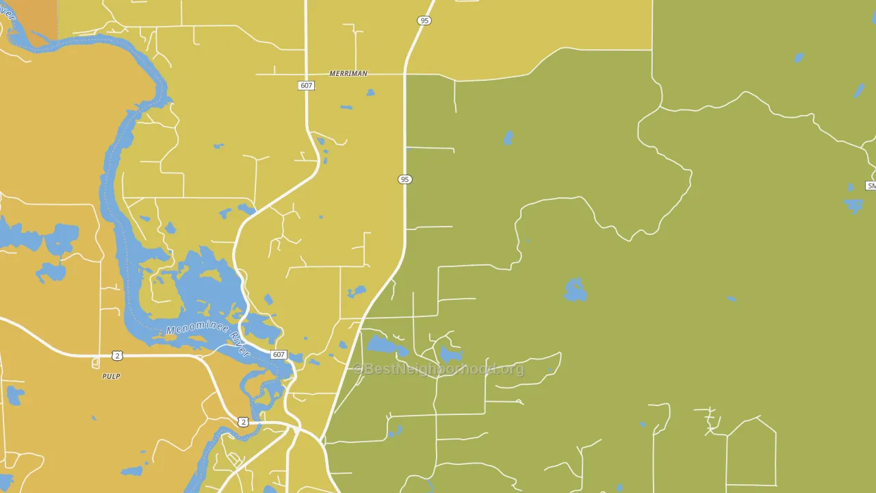 Map of the best neighborhoods in the Merriman area, with better matches in green and worse matches in red