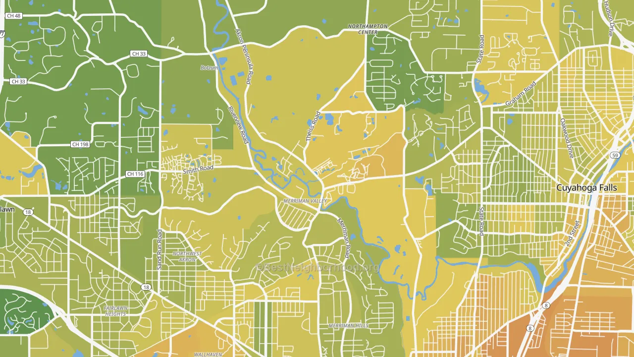 Map of the best neighborhoods in the Merriman Valley, Akron area, with better matches in green and worse matches in red
