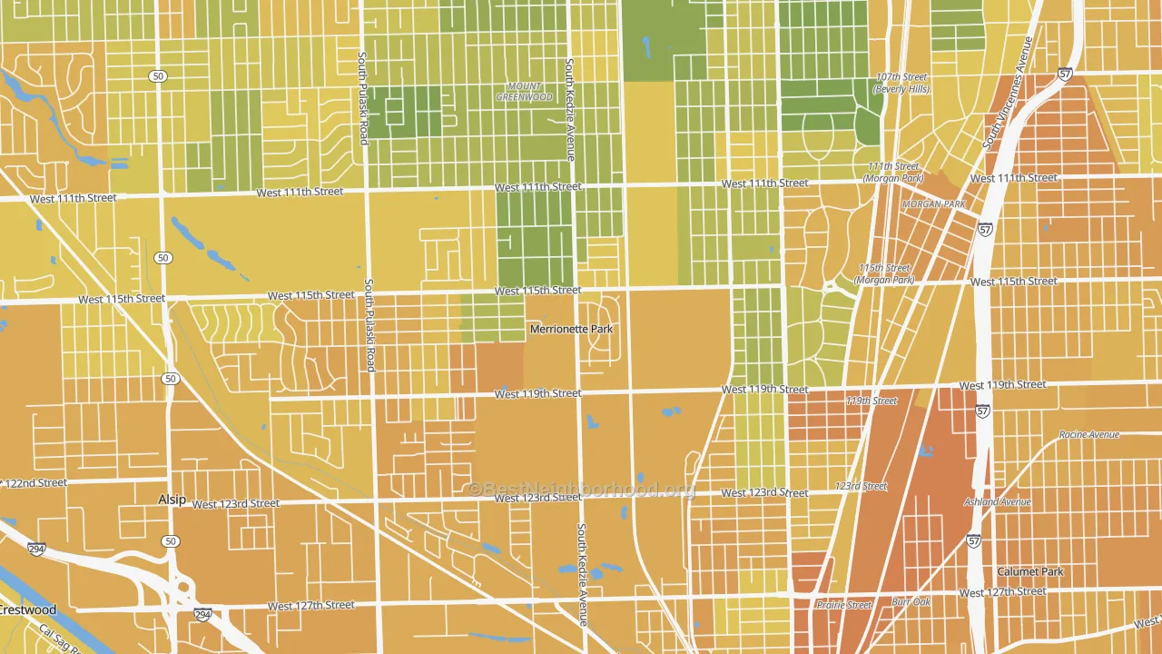 Map of the best neighborhoods in the Merrionette Park area, with better matches in green and worse matches in red