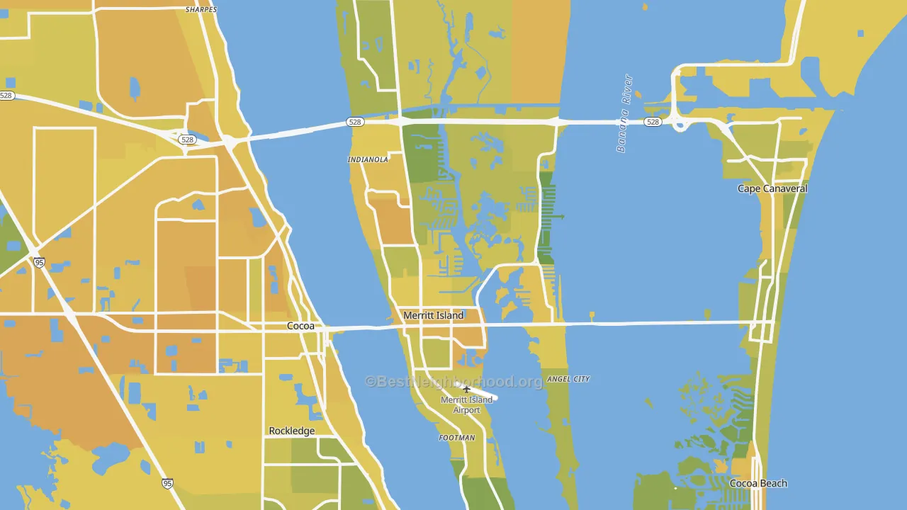 Map of the best neighborhoods in the Merritt Island area, with better matches in green and worse matches in red