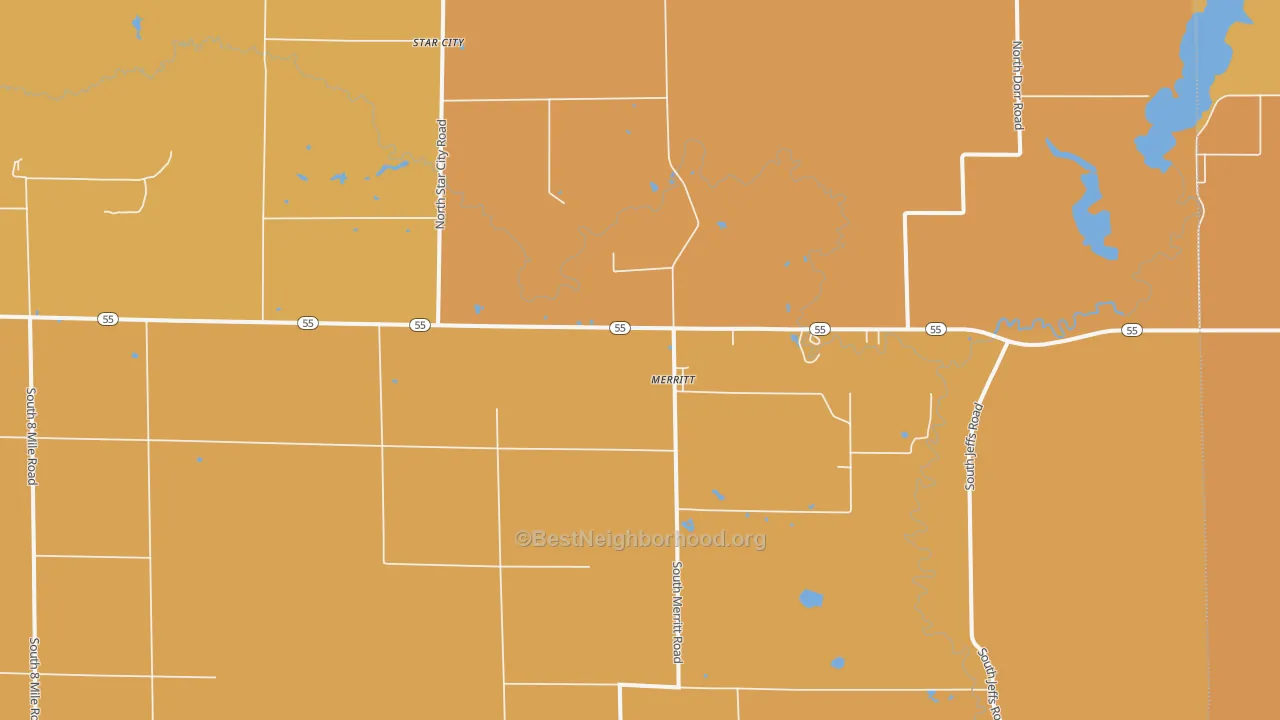 Map of the best neighborhoods in the Merritt area, with better matches in green and worse matches in red