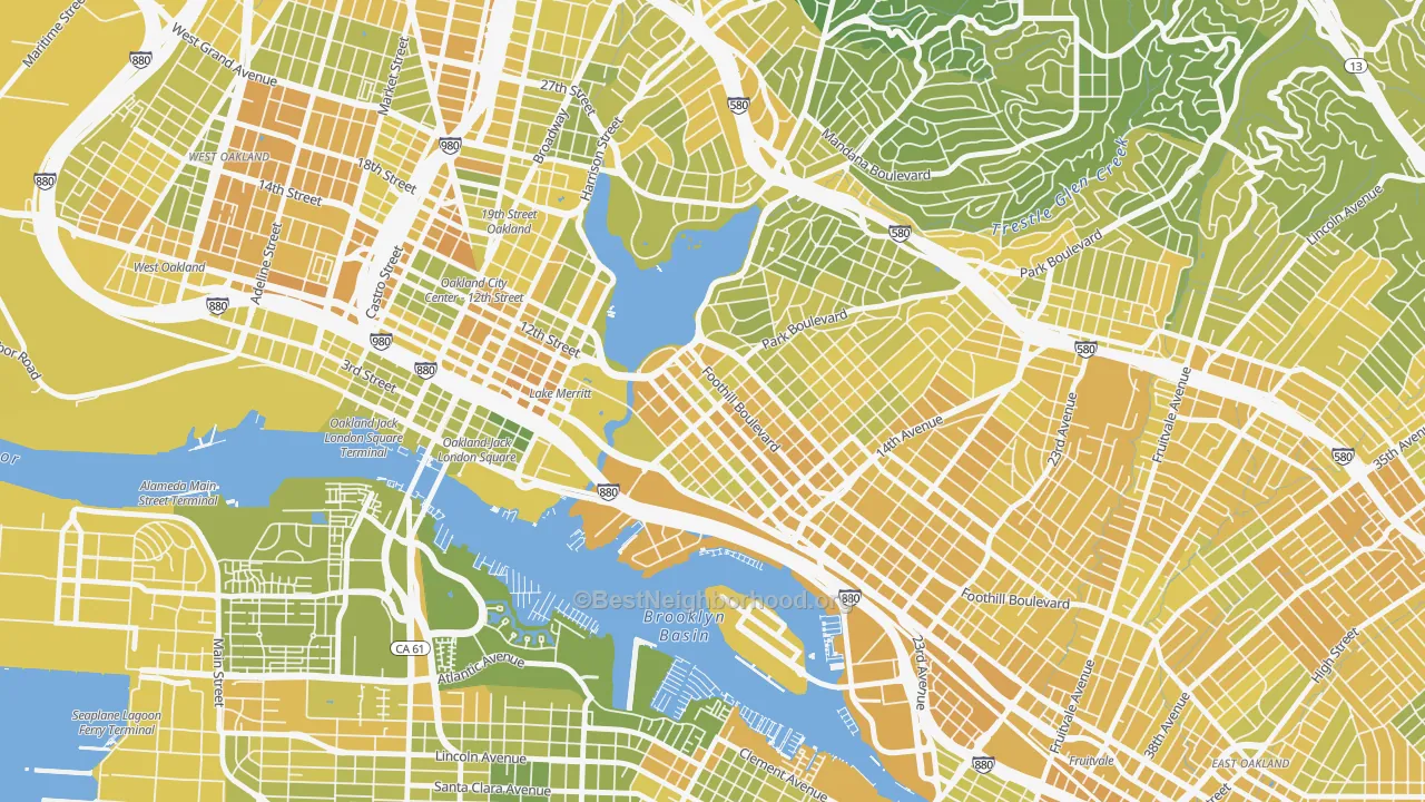 Map of the best neighborhoods in the Merritt, Oakland area, with better matches in green and worse matches in red