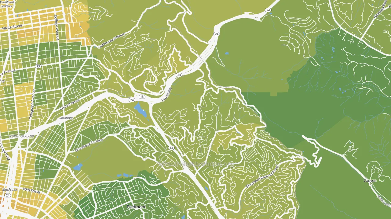Map of the best neighborhoods in the Merriwood, Oakland area, with better matches in green and worse matches in red