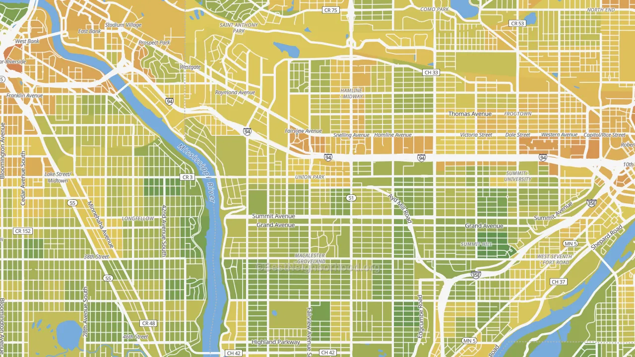Map of the best neighborhoods in the Merrlam Park, St. Paul area, with better matches in green and worse matches in red