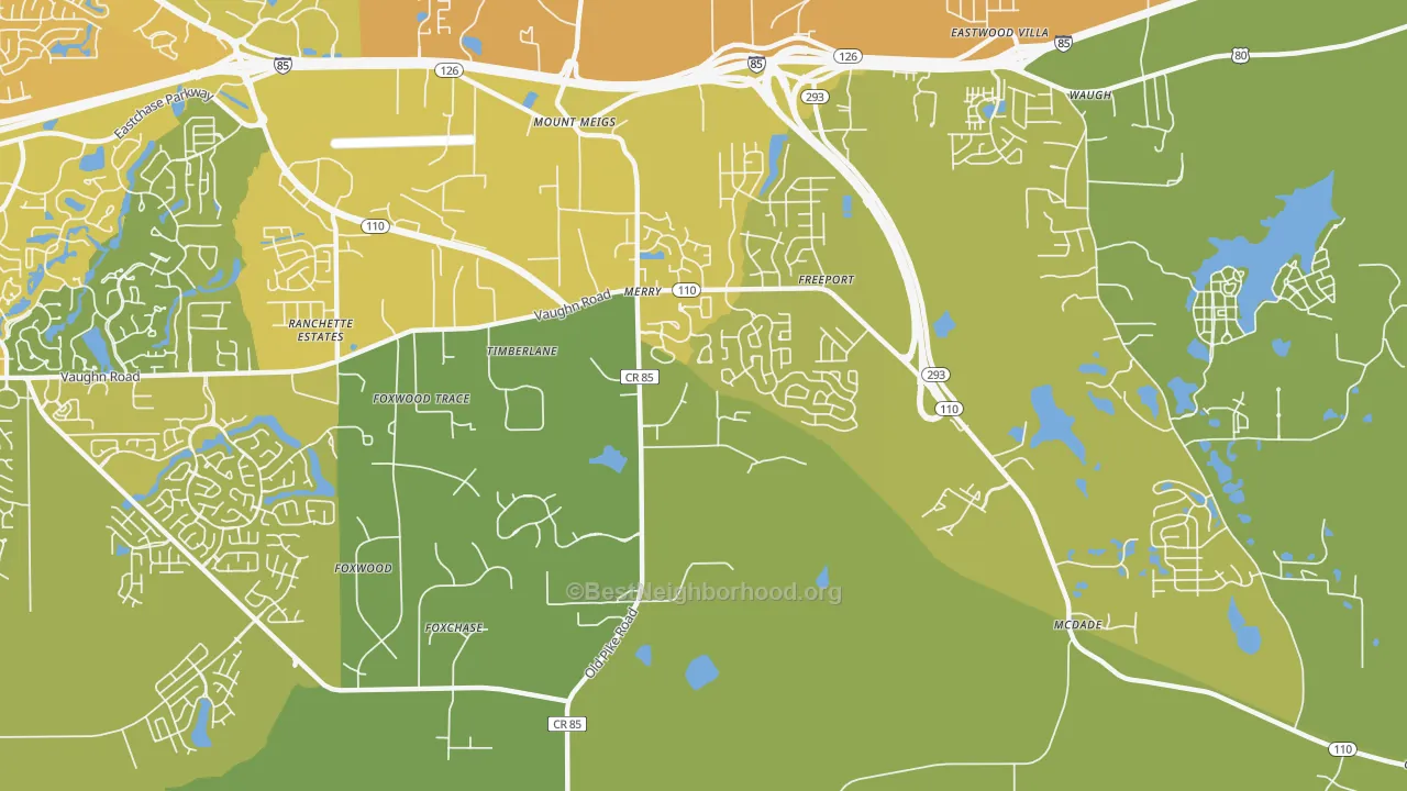 Map of the best neighborhoods in the Merry area, with better matches in green and worse matches in red