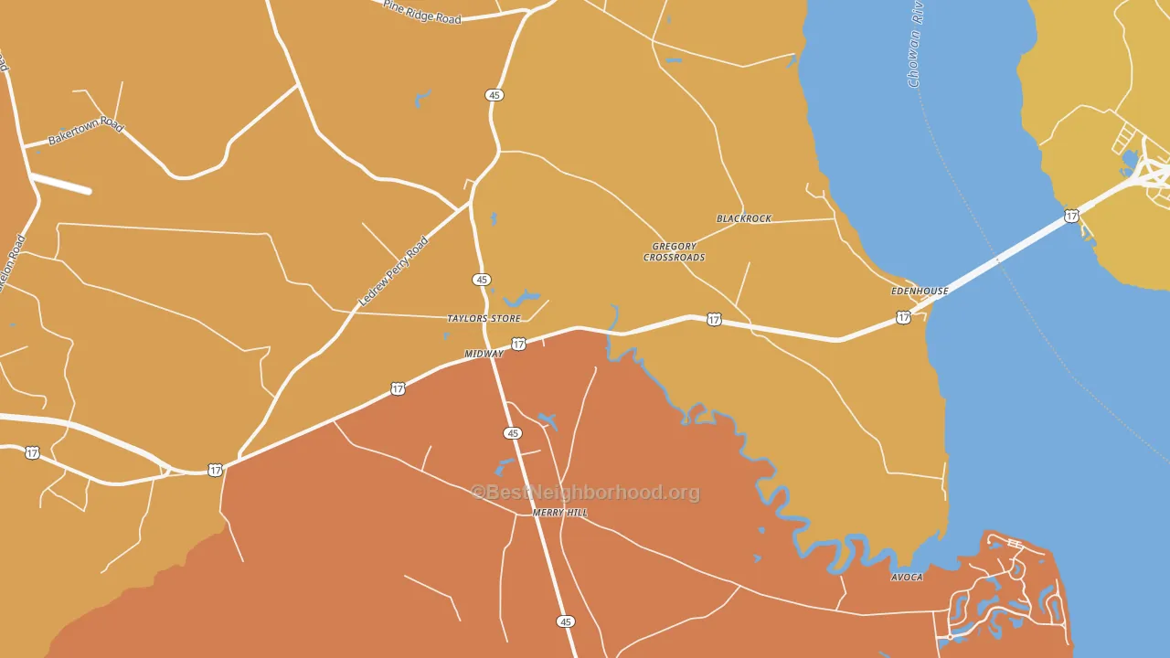 Map of the best neighborhoods in the Merry Hill area, with better matches in green and worse matches in red