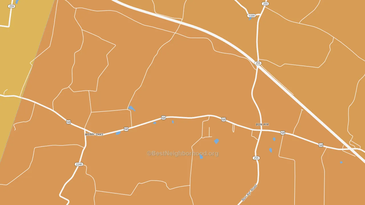 Map of the best neighborhoods in the Merry Oaks area, with better matches in green and worse matches in red