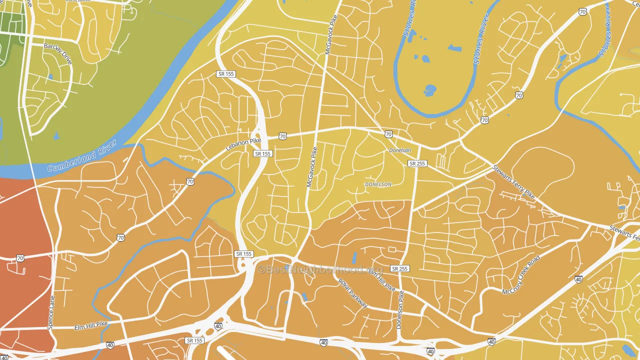 Map of the best neighborhoods in the Merry Oaks, Nashville area, with better matches in green and worse matches in red