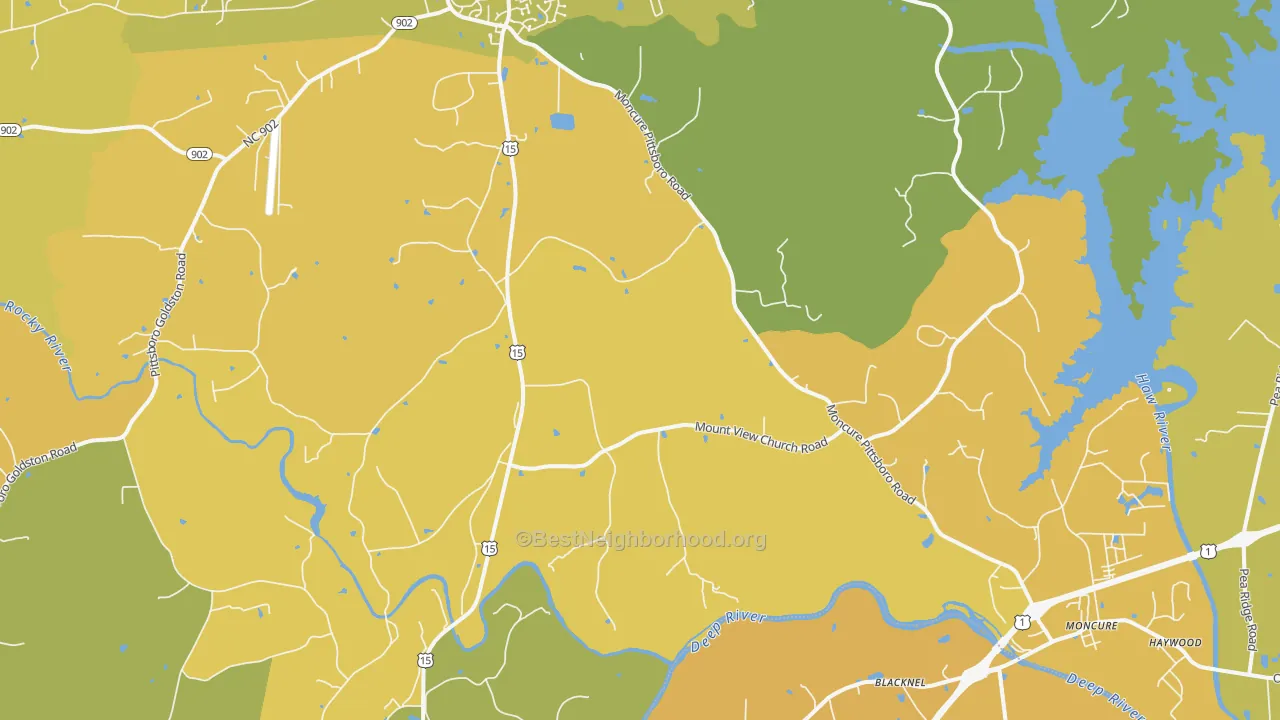 Map of the best neighborhoods in the Merry Oaks area, with better matches in green and worse matches in red