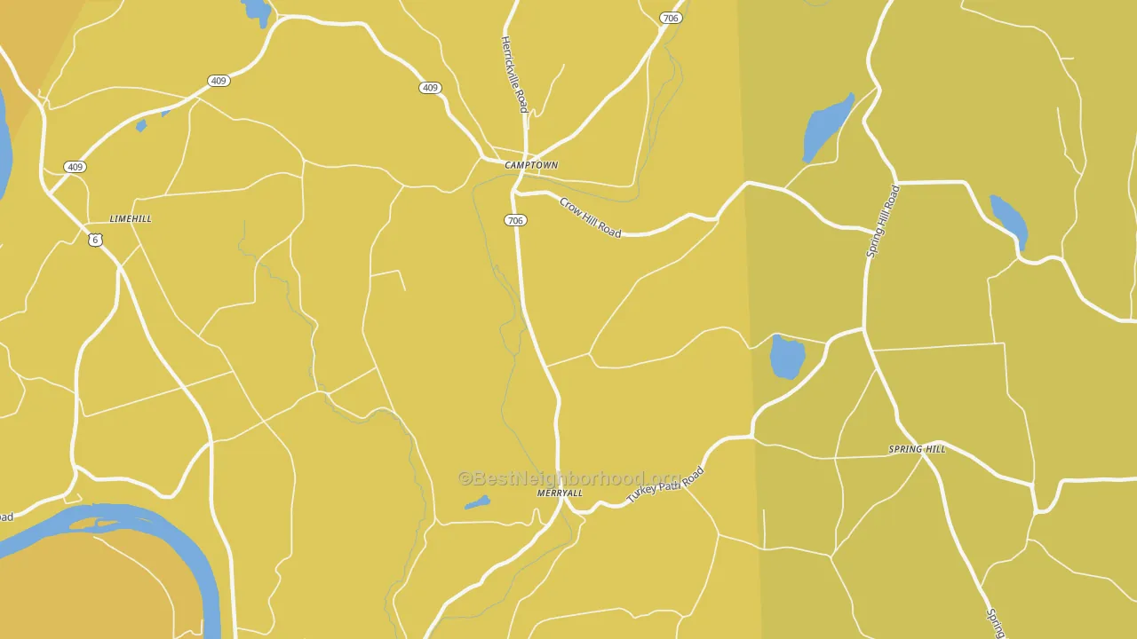 Map of the best neighborhoods in the Merryall area, with better matches in green and worse matches in red