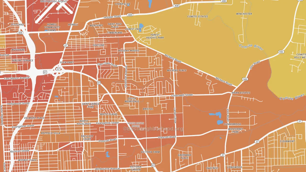 Map of the best neighborhoods in the Merrydale area, with better matches in green and worse matches in red