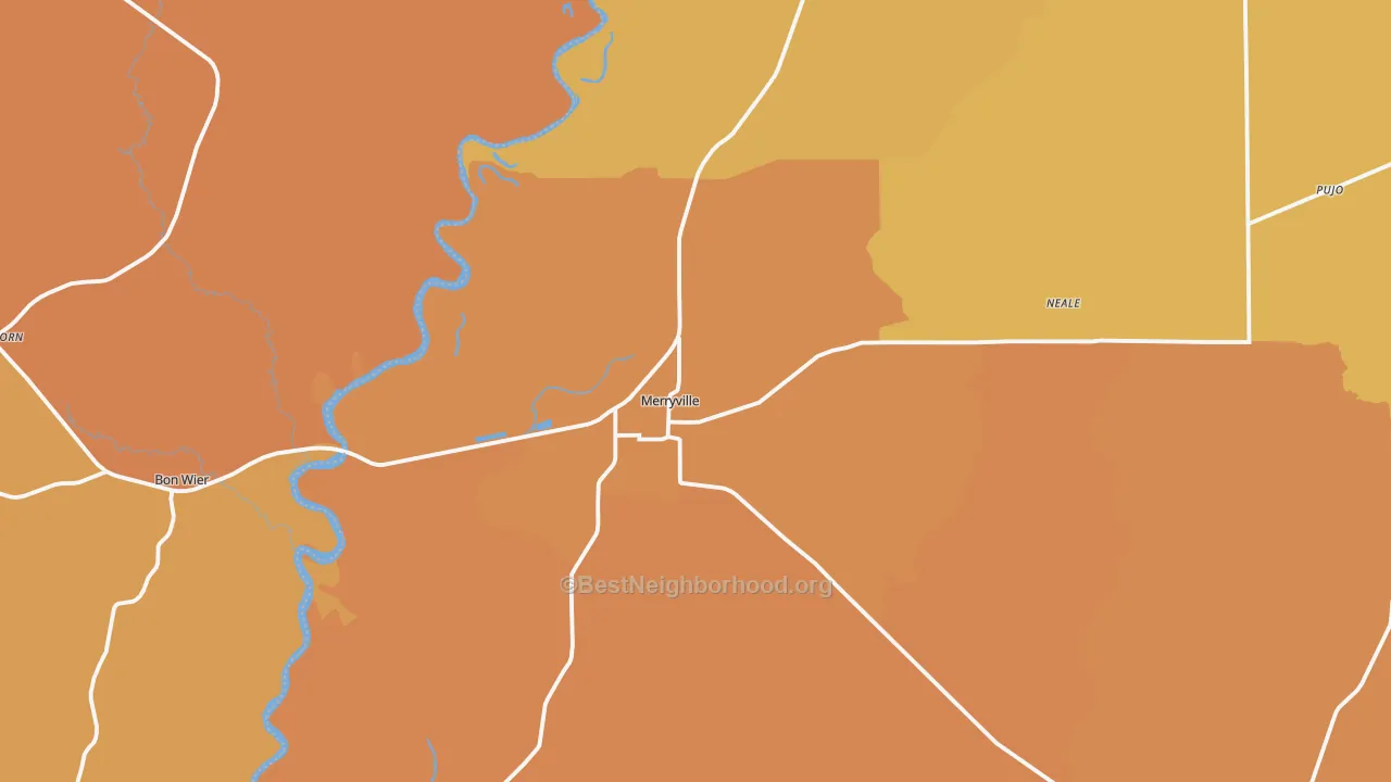 Map of the best neighborhoods in the Merryville area, with better matches in green and worse matches in red